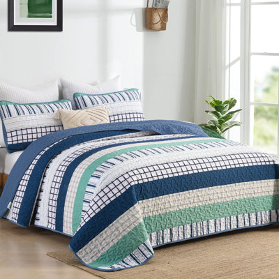 3-Piece Striped Patchwork Quilt Set Boho Style Lightweight Soft Microfiber Coverlet Bedding for All Season
