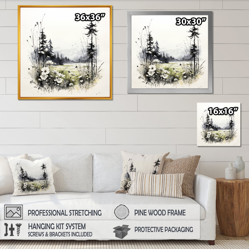 Faune sauvage, fleurs d'hiver sur toile, H 30 po x l 30 po x P 1 po, Cadre flottant noir