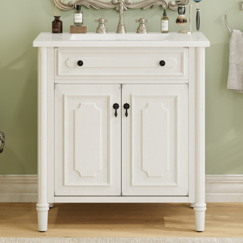 Meuble-lavabo vintage 31 po avec lavabo, armoire rustique avec portes à fermeture douce et tablette réglable, profil incurvé, pieds en bois d'hévéa