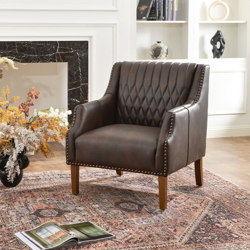 30.5'' W Top-grain Genuine Leather Upholstered Armchair, Brown