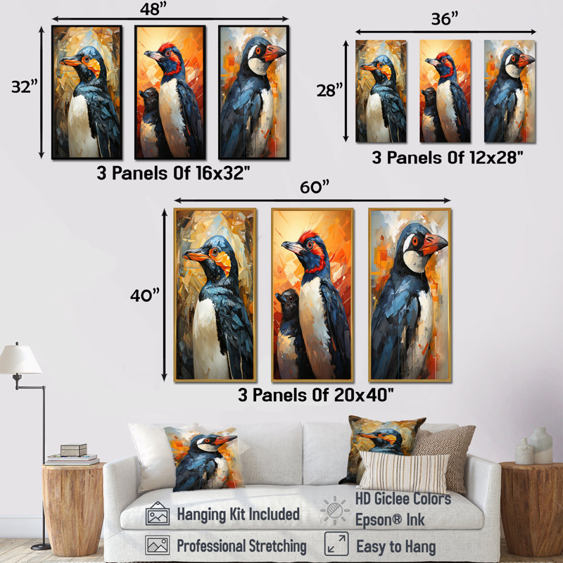 «Curious Penguins Snowy Wonders» - ensemble de 3 reproductions d'art sur toile, Cadre flottant brun, H 28 po x l 36 po