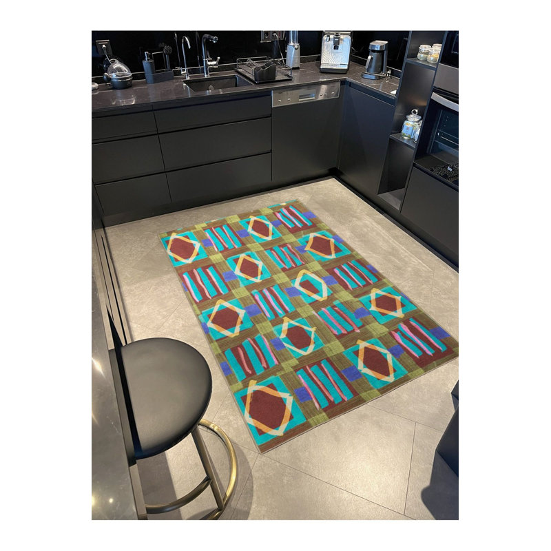 Tapis bleu lavable à motif de cubes tissés, Sous-tapis rectangulaire 2 pi 6 po x 4 pi 11 po