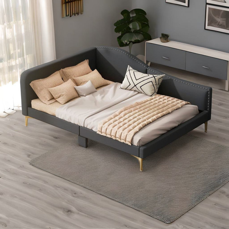 Lit plateforme tapissier Kirstynn, gris, Double