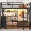Lit mezzanine double en métal avec bureau et rangement, lumières DEL équipées, garde-robe sécuritaire pour station de charge, tablettes de rangement, pour chambre à coucher