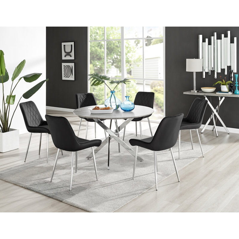 Tierra Modern Chrome Metal & Glass Round Dining Table Set with 6 Luxury Faux Leather Chairs, Navy/Silver, Silver