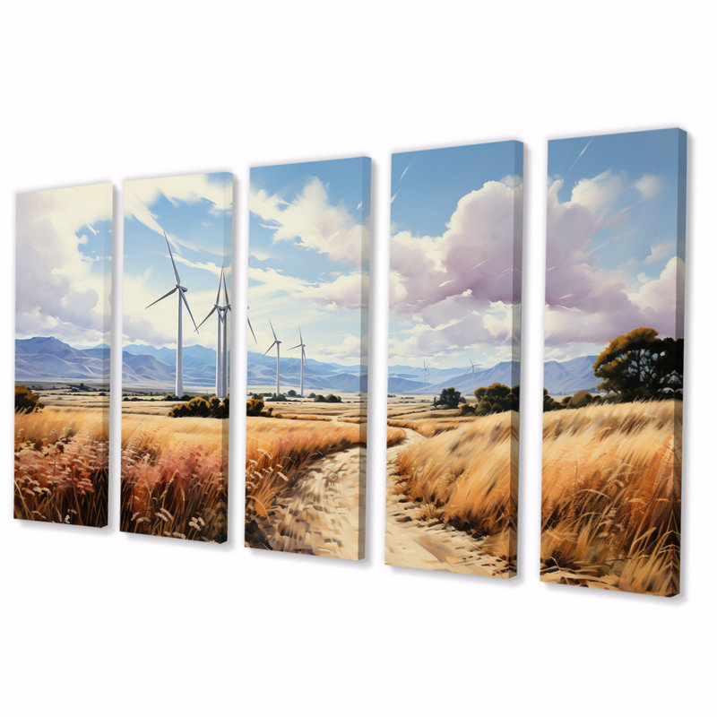 Wind Turbines Sunlit Spin - Impression sur toile de paysages - 5 panneaux égaux