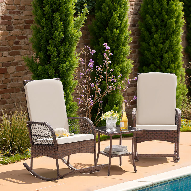 Patio Rocking Conversation Set for 2, PE Wicker Outdoor Rocking Chairs & Glass Table with Weather-Resistant Cushions, for Backyard Garden Deck Poolside Seating