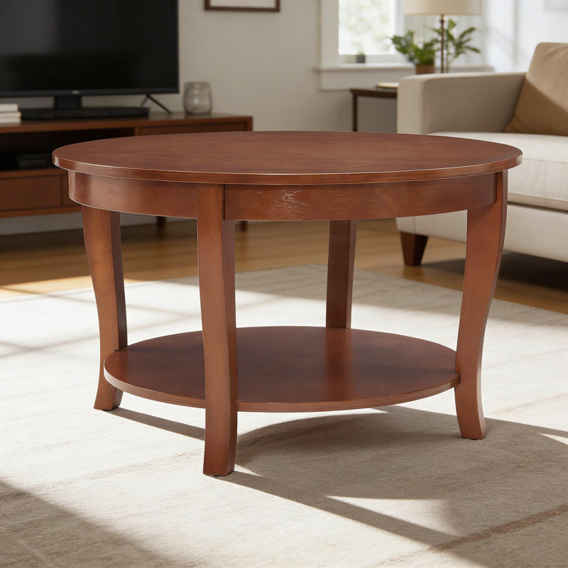Traditional Round Coffee Table With Open Storage Shelf,2-Tier Storage Wood Center Circle Accent Table For Living Room, Bedroom, Apartment, Studio And Small Spaces, 30 X 30 X 18 Inches