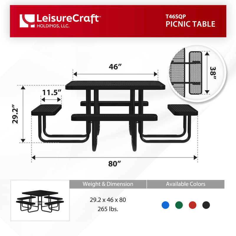 Leisure Craft 46" Square Outdoor Picnic Table with 4 Bench Seats, Black