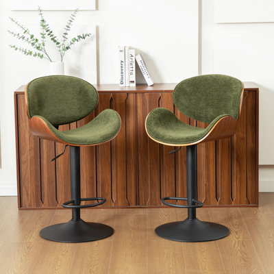 Adjustable Height Bar Stool, Swivel Upholstered Counter Stool With Bentwood, Fabric Barstool With Footrest
