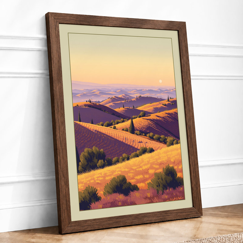 Rolling Hills at Golden Hour Landscape - Framed Print, A3 - 42.0 x 29.7 cm, Walnut