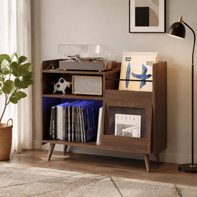 33,5 pouces Support pour tourne-disque avec porte coulissante Éclairage à DEL Station de chargement Grande armoire de rangement en vinyle pour le bureau à domicile