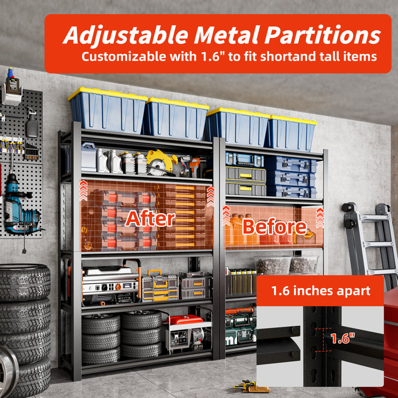 Étagère de garage à 5 niveaux, tablettes de rangement, étagère robuste 3000LBS, étagères réglables en métal pour support de rangement pour entrepôt de remise, noir