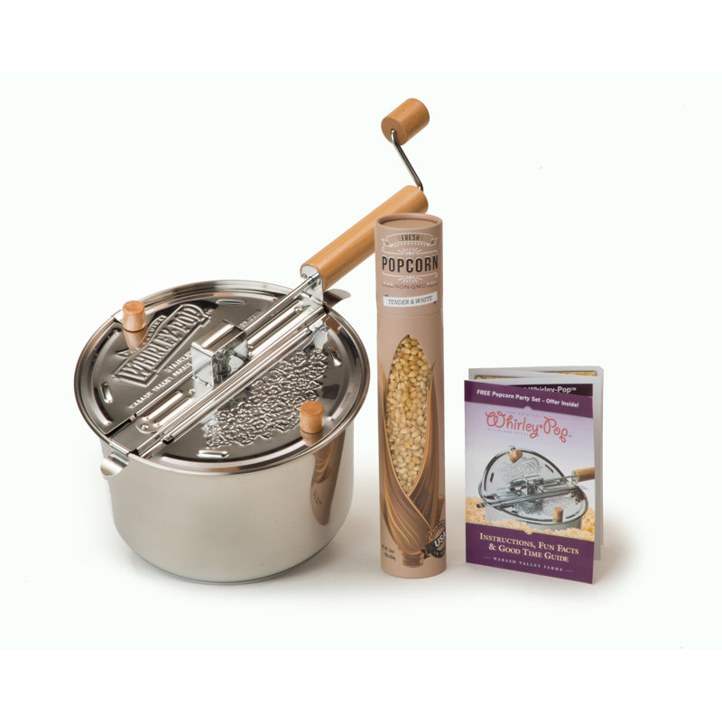 Wabash Valley Farms Stainless Steel Whirley Pop Stovetop Popcorn Popper with Tender & White Popcorn Kernels – 6 Quart Popcorn Maker Gift Set