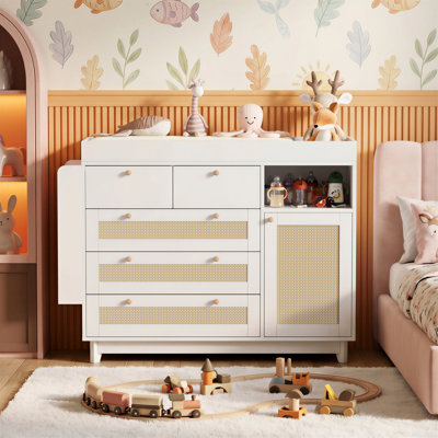 Baby Changing Table Dresser with 6 Rattan Drawers & Storage Cabinet,White Nursery Changing Station with Adjustable Shelves,Side Open Shelves,Magnetic Door Stop,Diaper Organizer Kids Bedroom