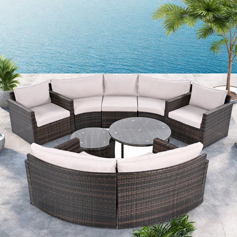 9-piece Outdoor Half-moon Wicker Conversation Sets With 1 Nesting Coffee Table And Tempered Glass Top