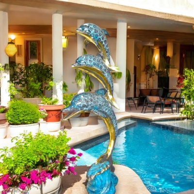 Statue de trois dauphins surdimensionnée en fontaine bronze, sculpture en bateau pour le jardin 28 po x l 22 po x H 89 po