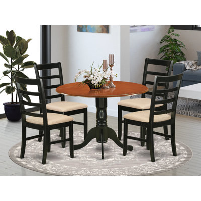 5 Piece Kitchen Table & Chairs Set Includes a Round Dining Room Table with Dropleaf and 4 Linen Fabric Upholstered Chairs, 42x42 Inch, Black & Cherry