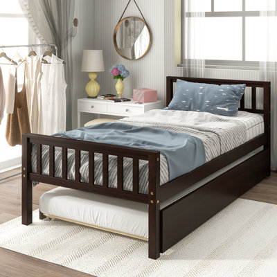 Lit simple avec lit gigogne, tête de lit à plateforme et, idéal pour les espaces de chambre à coucher limités, lit gigogne escamotable supplémentaire, conception peu encombrante, structure en pin, unité facile à assembler sans boîte