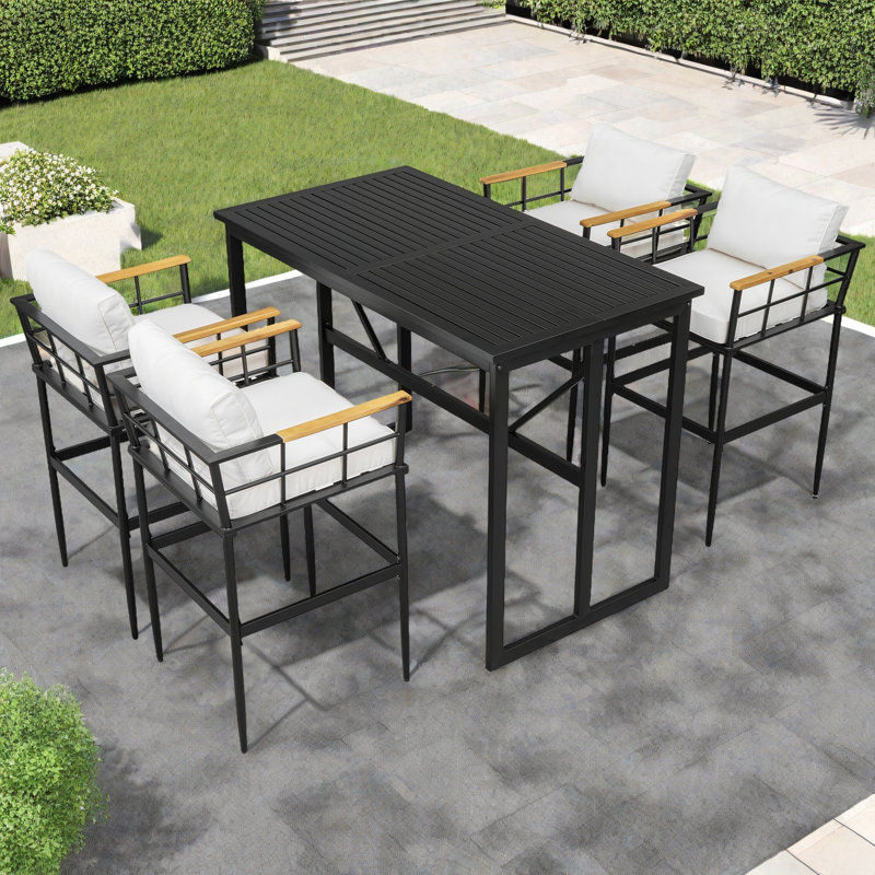 Iron Outdoor Dining Set With Acacia Wood Armrest Suitable For Patio, Balcony Or Backyard, Beige