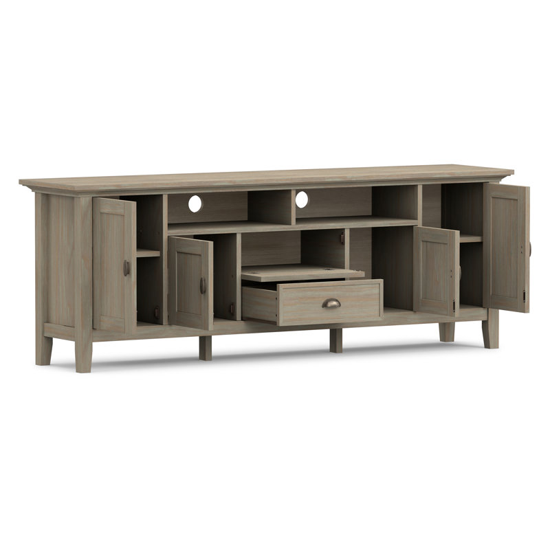 Meuble télé en bois massif de 72 po avec 2 armoires, 2 tiroirs et tablettes ouvertes Redmond, Gris patiné