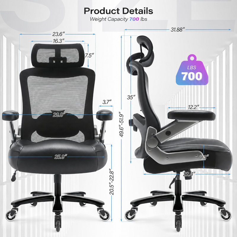 Grand et grand fauteuil de direction, chaise de bureau en maille robuste de 700 lb avec support lombaire dynamique, appui-tête réglable, accoudoirs rabattables en 3D, siège en cuir épais, chaise d'ordinateur pivotante à haut dossier pivotant pour le bureau à domicile