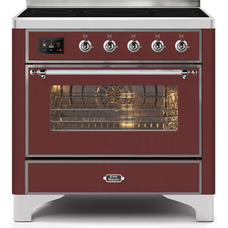 ILVE Majestic II Series 36 inch Induction Range with 5 Induction Elements (Glass Door), Burgundy/Chrome