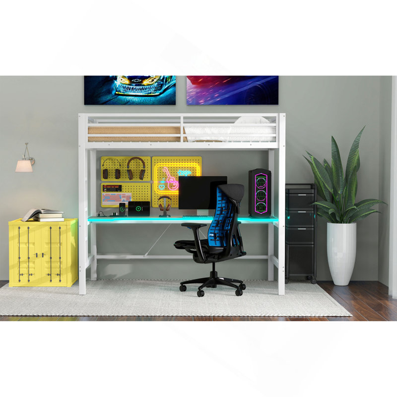Structure de lit simple pour lit mezzanine en métal avec lumière DEL, station de charge USB et bureau, blanc