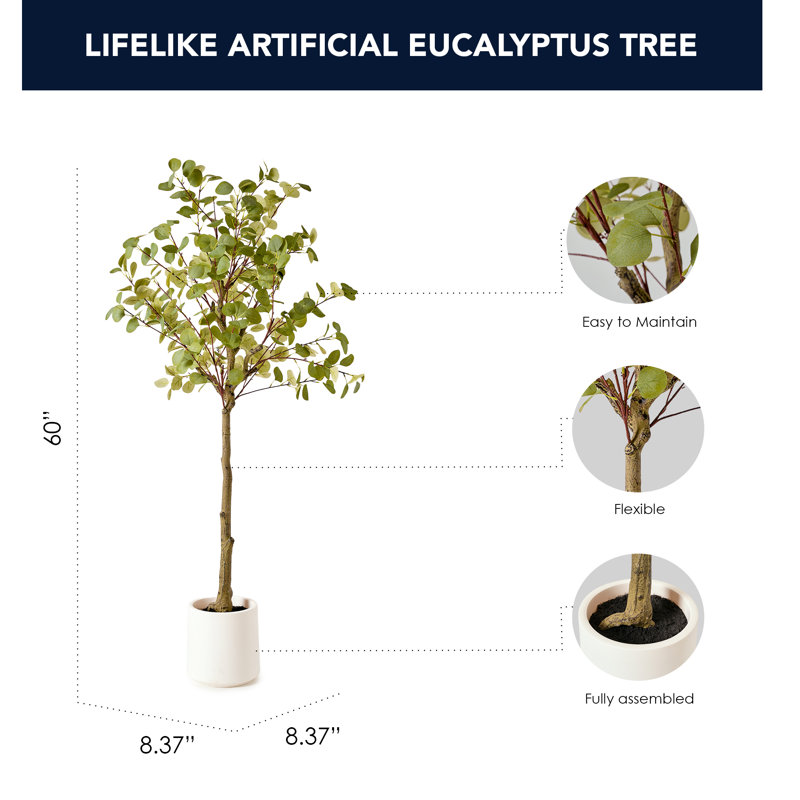 Realistic Artificial Eucalyptus Tree Faux Plant for Home Decor, Indoor Living Room or Office - 60"