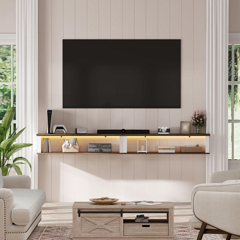 77" Farmhouse Floating Tv Stand For Tvs Up To 85 Inch,wood Floating Entertainment Center With Storage Shelf, Wall Mounted Tv Shelf With Led Light, Gift