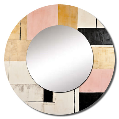 Pink And Gold Cubism Dream - Abstract Shapes Decorative Wall Mirror, Pink Large Round Mirror, Printed Metal Art