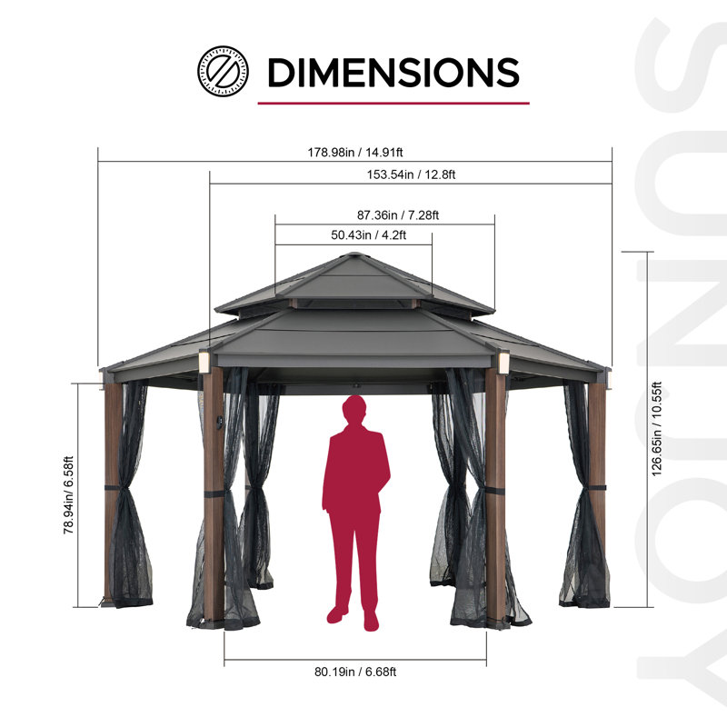 Pavillon de jardin hexagonal à toit rigide 15 x 13 avec 6 lumières solaires SUNJoy - Poteaux en aluminium à grain de bois