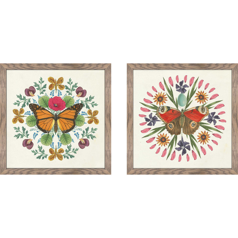 «Butterfly Mandala I», ensemble de 2 reproductions d'impressions encadrées, H 16,5 po x l 33 po, Pas de tapis