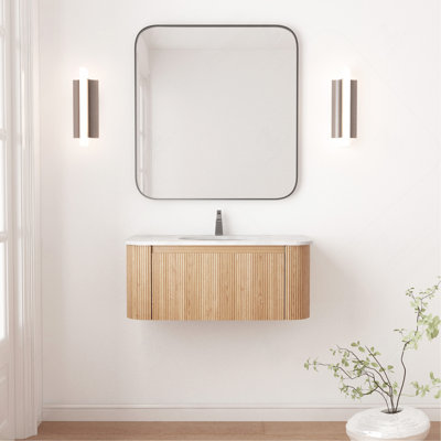36" Pre-Assembled Fluted Wall-Mounted Bathroom Vanity with Ceramic Sink and White Artificial Marble Countertop