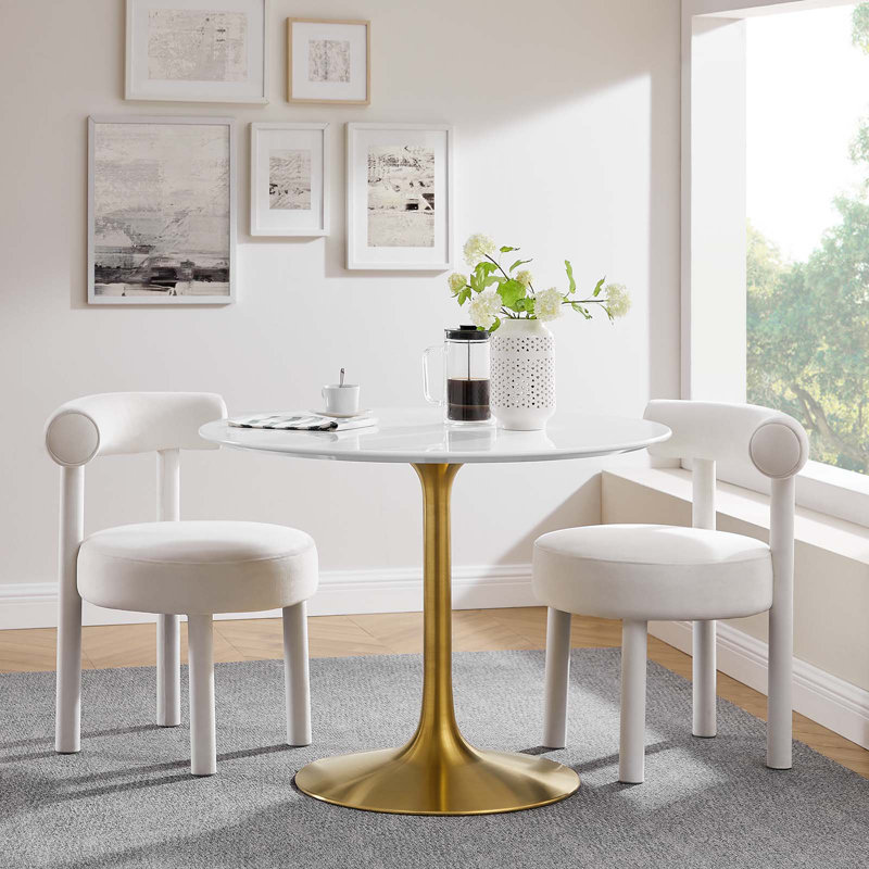 Mid-Century Modern 40" Round White Dining Table with Gold Metal Base