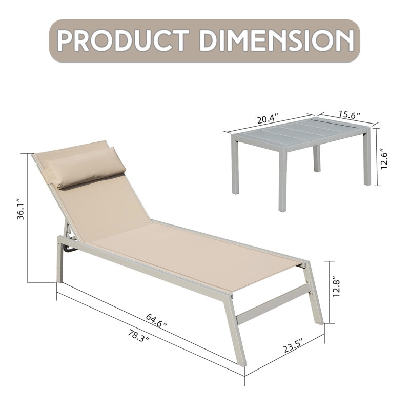 Chaise longue de patio 3 : Chaises de piscine en aluminium avec table d'appoint. Kaki. Confort supérieur. 5 positions d'inclinaison réglables. Structure antirouille. Résistante aux intempéries. Pour jardin, balcon, plage. 3 places.