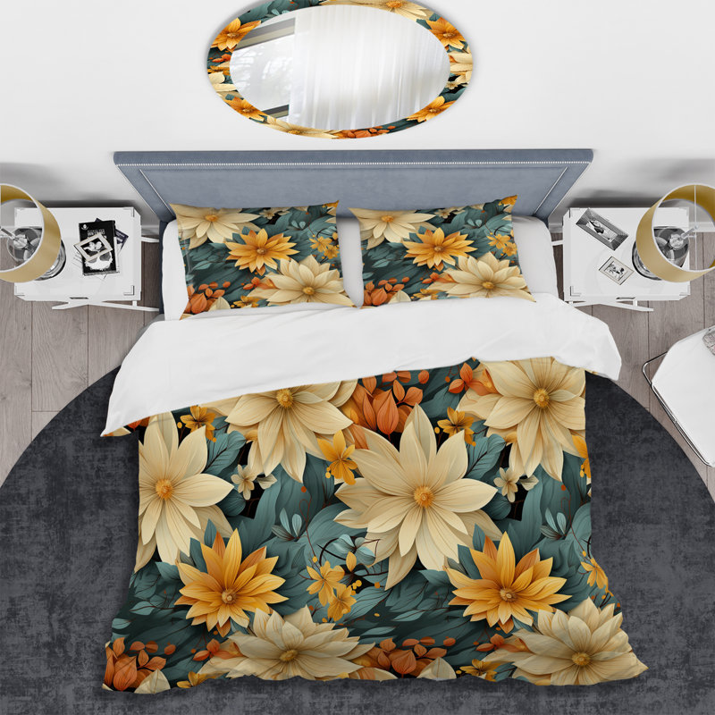 Chrysanthemums Mandala Boho Pattern IV - Floral Duvet Cover Set, Housse de couette pour très grand lit et 2 très