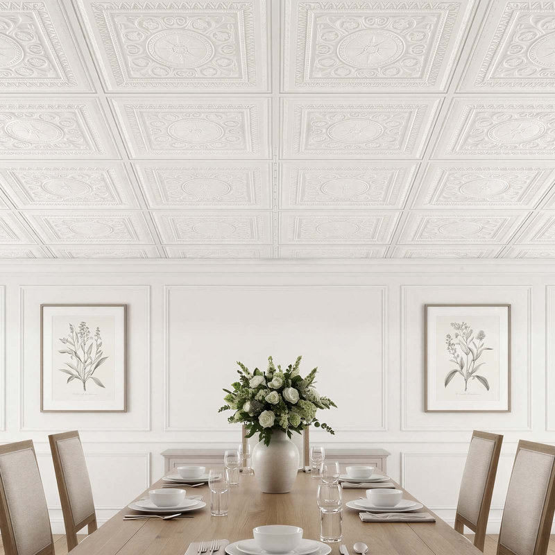Dalles de plafond en PVC blanc 24 x 24 po (61 x 61 cm), paquet de 12, panneaux géométriques 3D, feuille de PVC lisse pour ossature apparente, résistante aux chocs, surface peignable, facile à découper, style décoratif moderne pour la maison et le bureau.