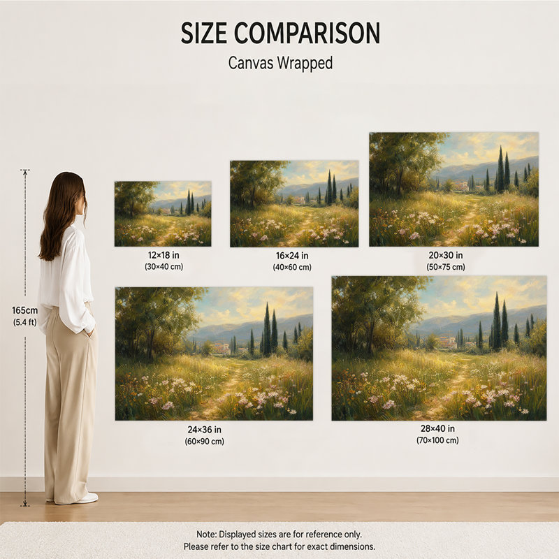 Tableau sur toile tendue sur châssis représentant un village de montagne et de fleurs sauvages dans la campagne toscane vintage.