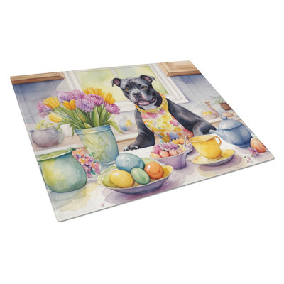 Decorating Easter Staffordshire Bull Terrier Glass Cutting Board