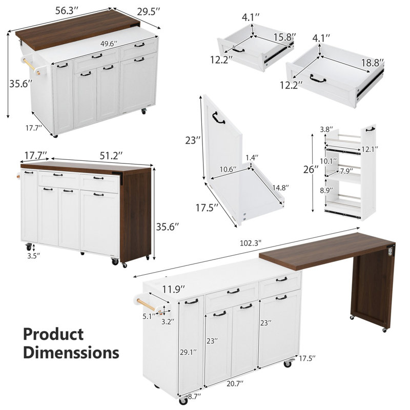 Îlot de cuisine avec table de salle à manger extensible 102,3 po, Blanc