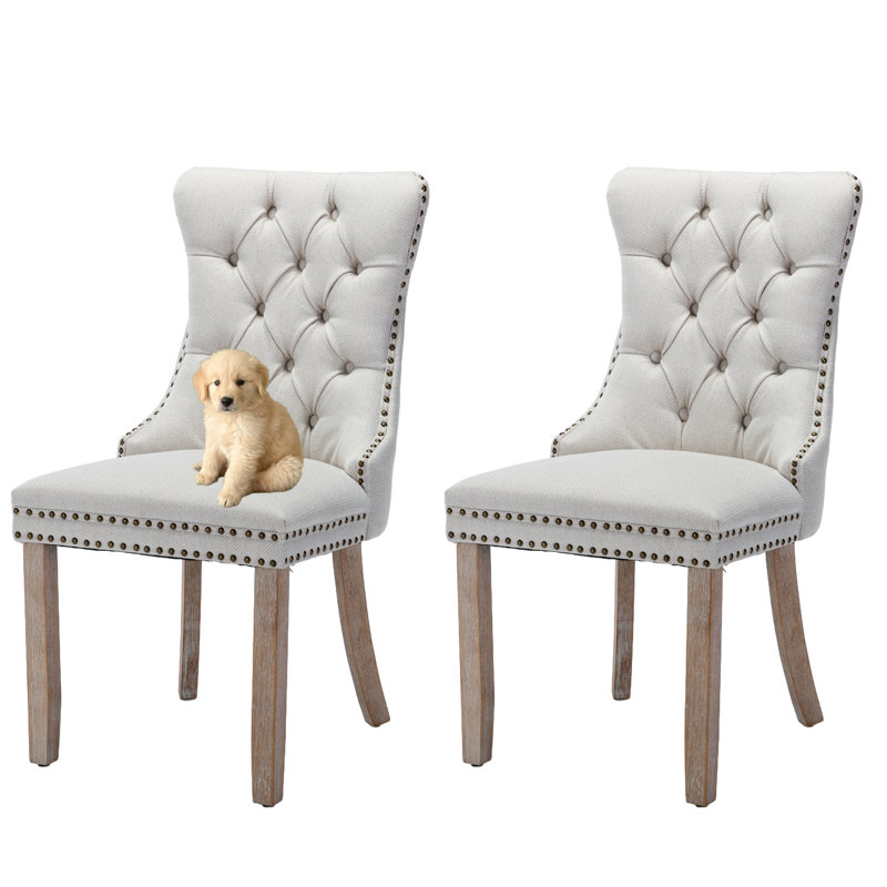 Chaises de salle à manger en bois massif capitonnées en lin (ensemble de 2), Bois d'hévéa, Beige