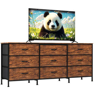 63" Wide Modern 9-Drawer Fabric Dresser Chest with Wooden Top & Sturdy Metal Frame, Multi-Functional Large Storage Organizer Cabinet Doubles as TV Stand for Bedroom, Living Room and Closet
