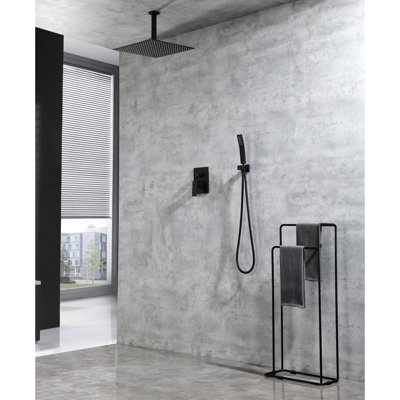 Ceiling Mounted Shower In Matte Black. Brass 16" Head. Simulates Natural Rainfall Touch. Self-Cleaning Nozzle Maintains Clean Water Outlet. Aligns With American Standard Pipe. 14.7" X 6.15", 12.19