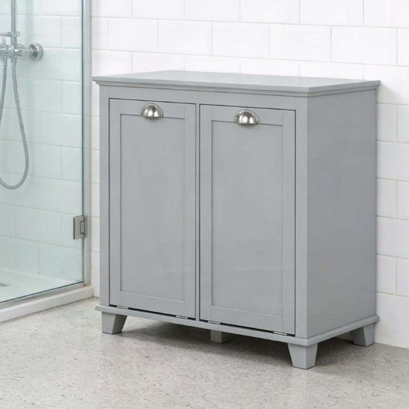 White Tilt‑Out Laundry Hamper Cabinet with 2 Compartments, Gray