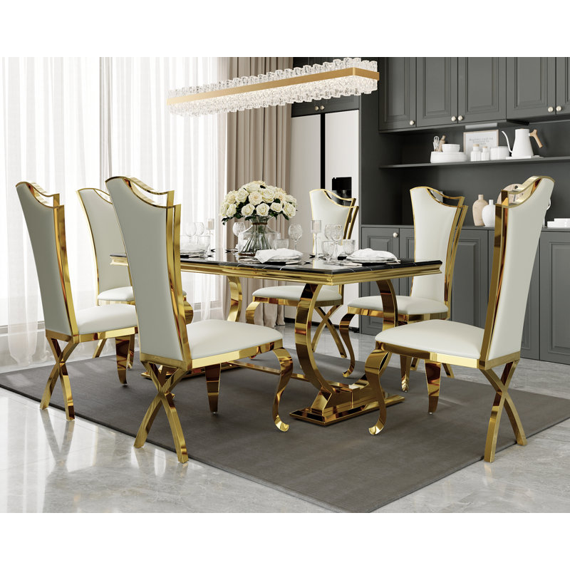 White Faux Leather and Gold Metal Parsons Dining Chairs Set of 6