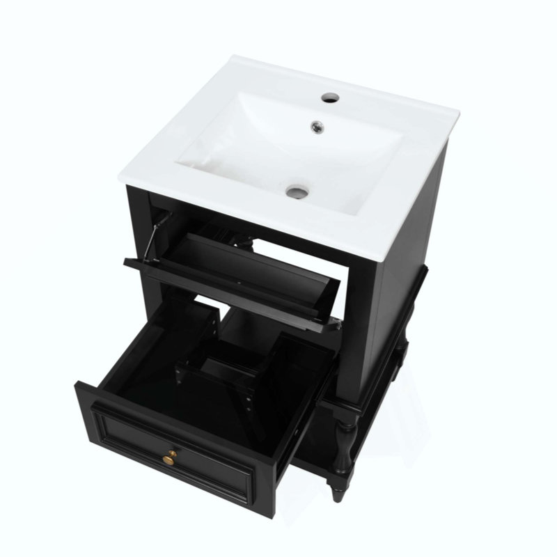 Meuble-lavabo de salle de bain avec lavabo en céramique, armoire de rangement pour salle de bain avec tablette ouverte, armoire de salle de bain rétro avec 2 tiroirs