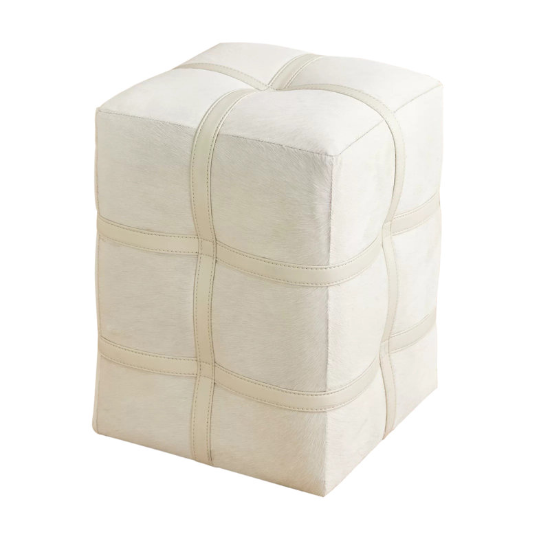 Belted Hair-on-Hide Leather Poof, Ivory Hair on Hide Leather