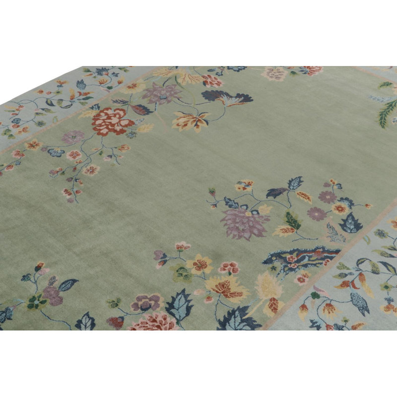 Rug & Kilim’S Chinese Deco Rug In Green With Blue Border & Floral Patterns, Rectangle 5' x 7'