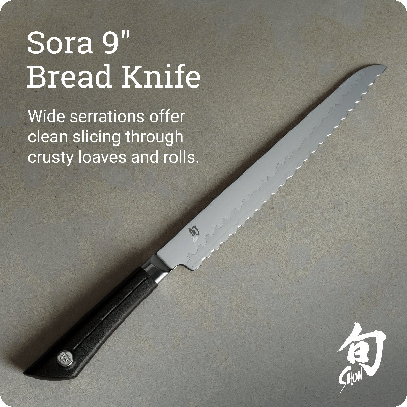 Shun Sora 9" Bread Knife, Handcrafted Japanese Serrated Knife, VG10 Steel Edge and 420J Stainless Steel Blade, Balanced Handle, Slicing Tool for Professional and Home Chefs